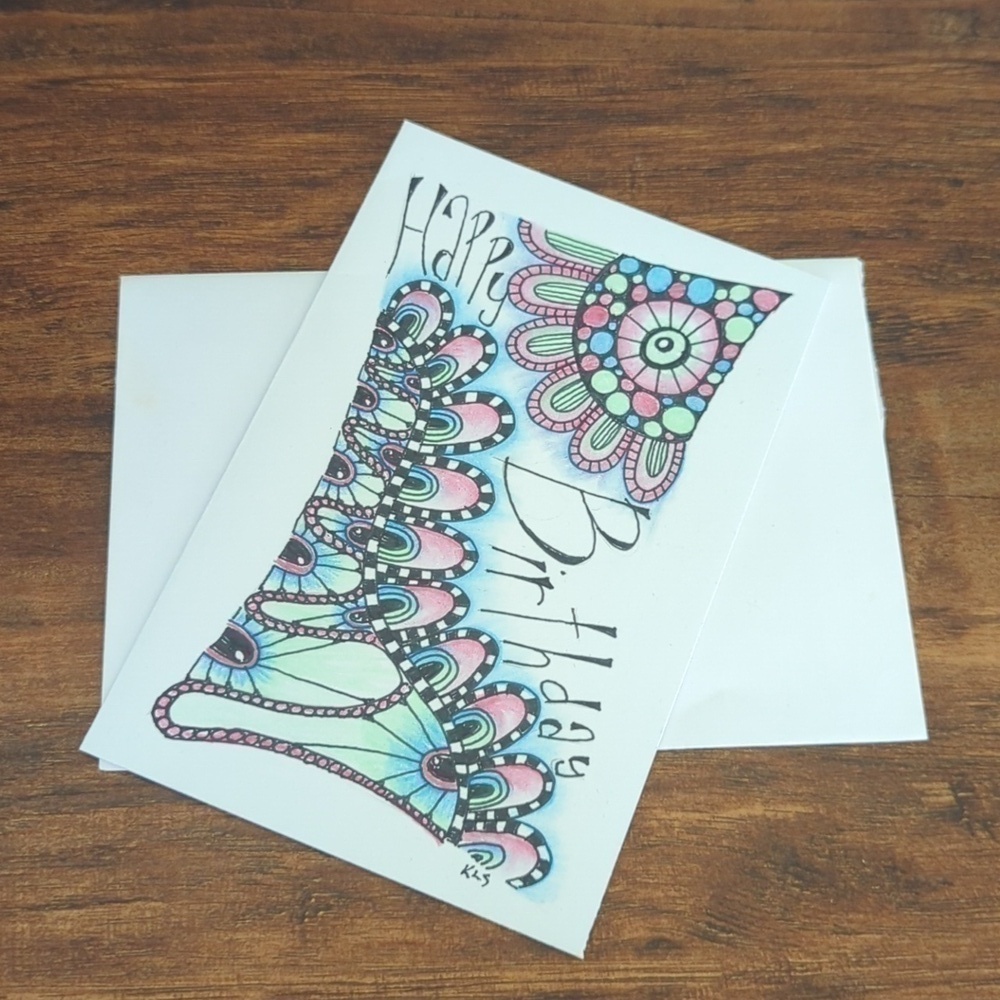 🌻 5/$20 Handmade Zentangle Card- Blue, Pink & Green-Birthday Card